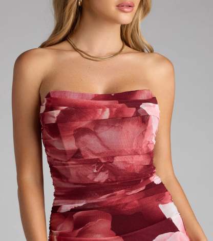 A stunning pick for an engagement photoshoot outfit or wedding guest dress, this formal dress showcases the Danielle Floral Strapless Mermaid Formal Dress in rust with a graceful silhouette that captures the moment.