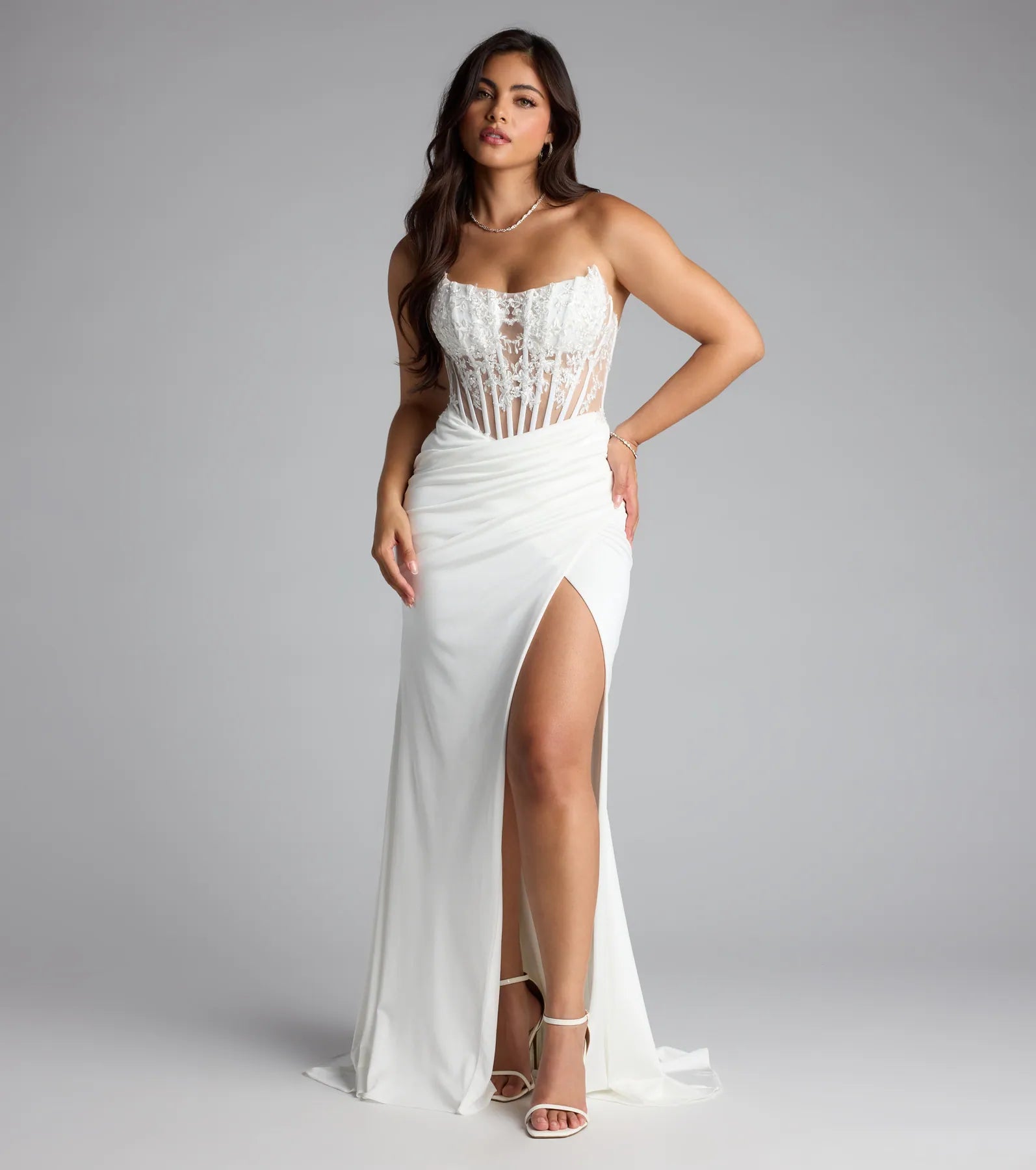 Feel ready for every dance floor moment or feed-worthy reel in the Shayla Strapless Corset Lace Formal Dress, a ivory homecoming dress designed to own your moment.