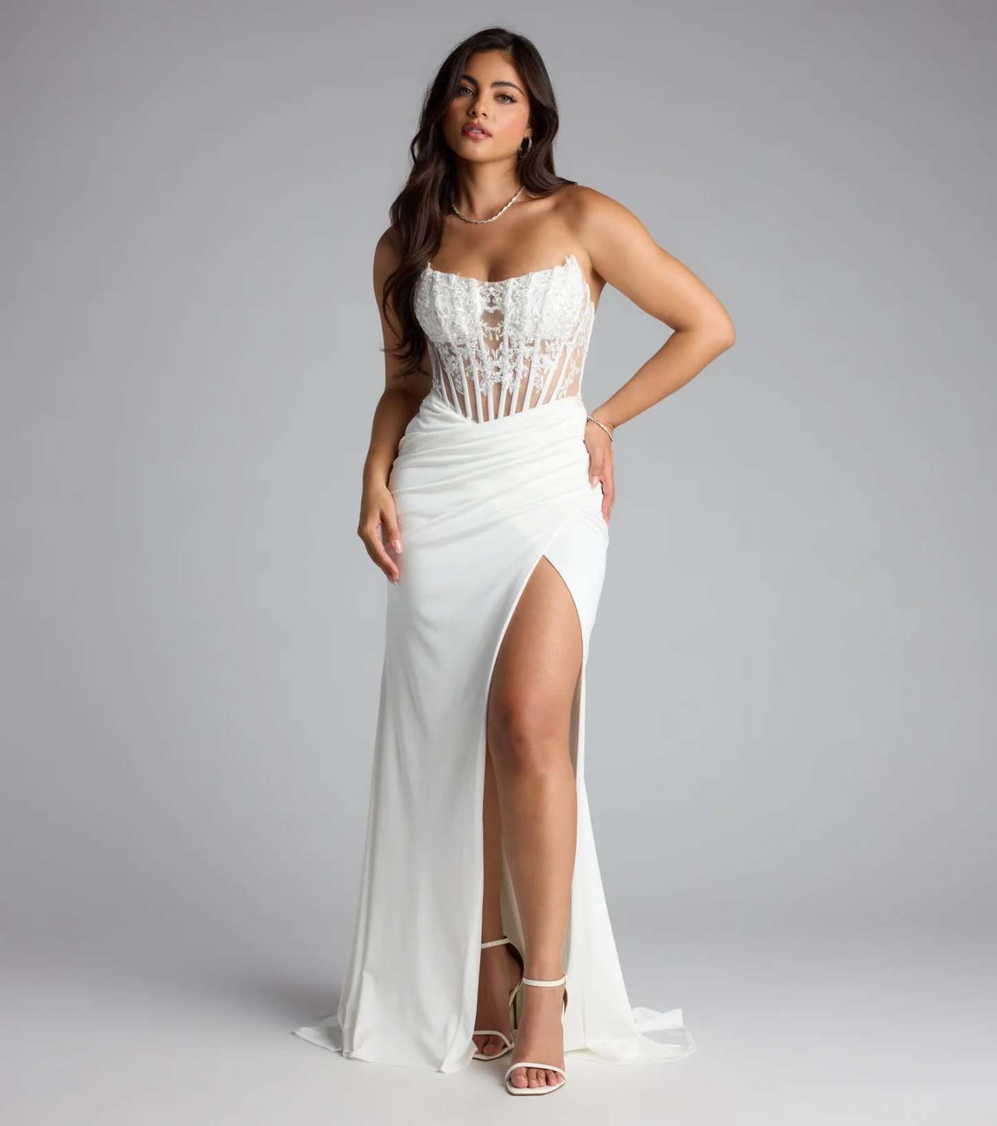 Feel ready for every dance floor moment or feed-worthy reel in the Shayla Strapless Corset Lace Formal Dress, a ivory homecoming dress designed to own your moment.