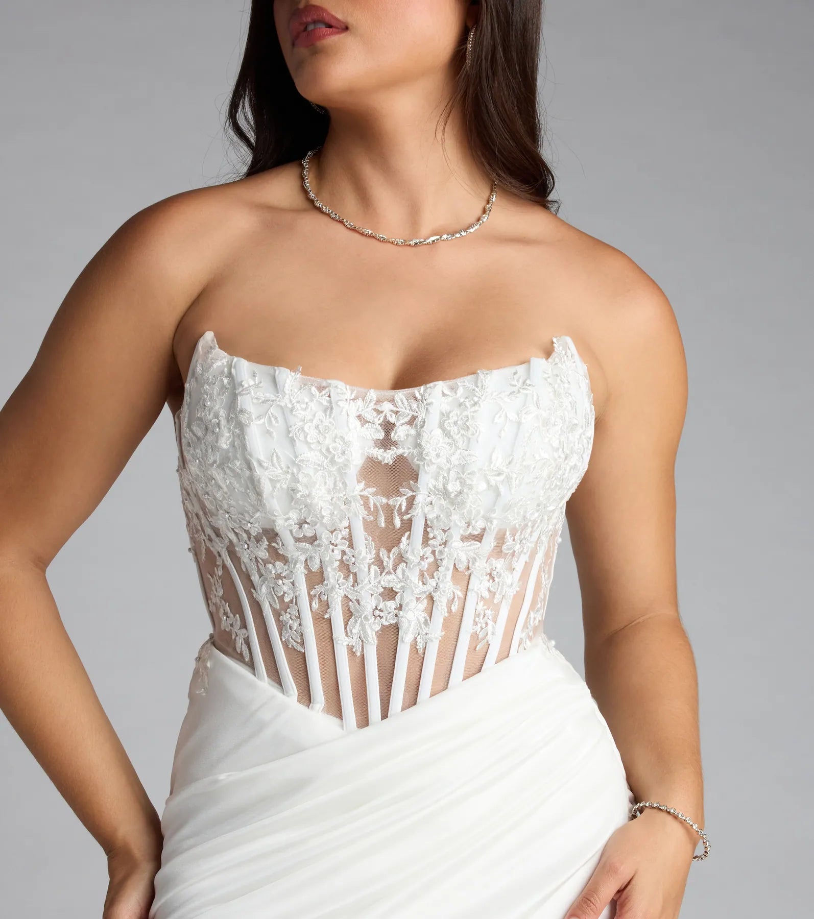 Style your Prom 2026 with the Shayla Strapless Corset Lace Formal Dress, a trendy ivory formal dress designed with new and unqiue details for your milestone moment.