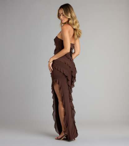 Style your seasonal looks with the Gabby Formal Mesh Strapless Ruffle Long Dress, a trend-right, formal dress designed for any plan on your calendar with new and unqiue details.