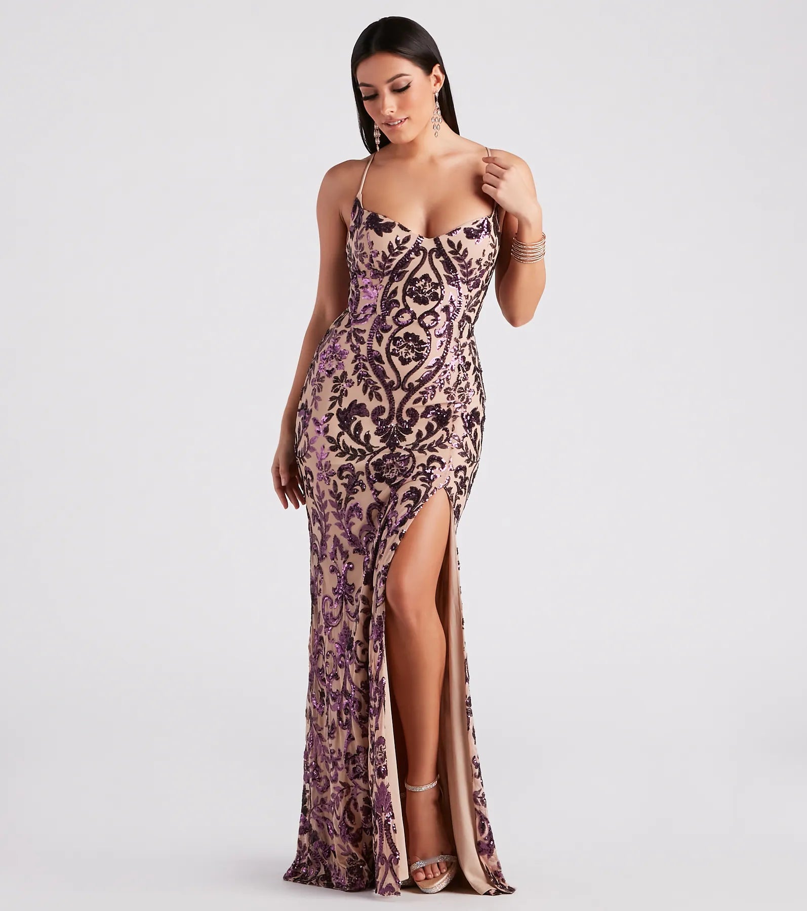 Add royal flair with the Lori Formal Sequin Lace-Up Long Dress in plum, a viral-worthy pick from the purple homecoming dress collection made to light up your HOCO feed.