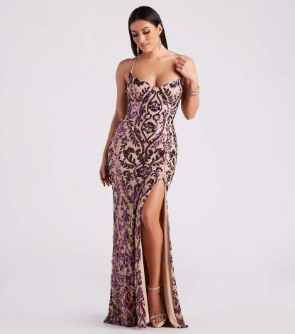 Add royal flair with the Lori Formal Sequin Lace-Up Long Dress in plum, a viral-worthy pick from the purple homecoming dress collection made to light up your HOCO feed.