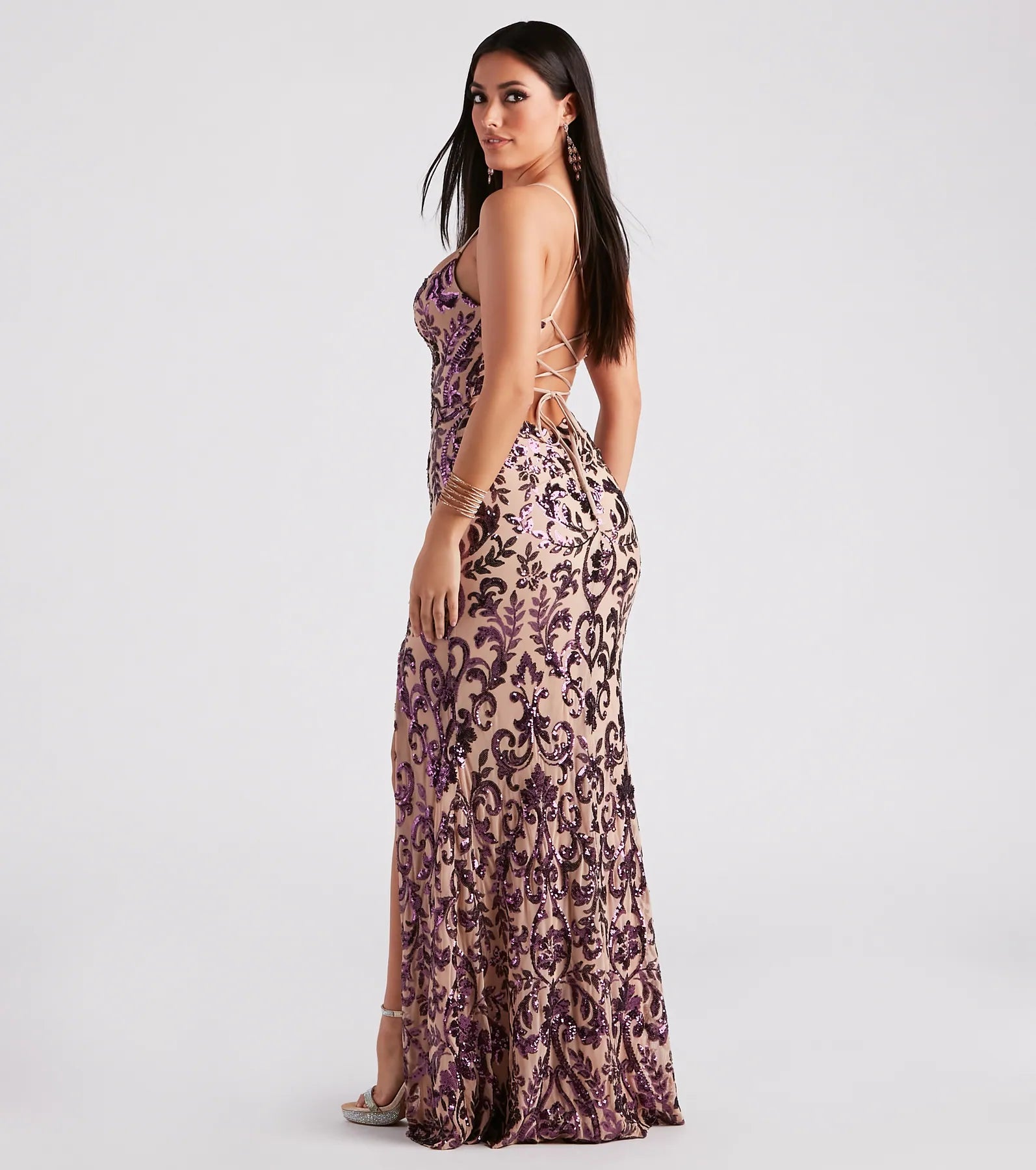 Own your moment in the Lori Formal Sequin Lace-Up Long Dressin plum, a standout 2026 Prom Dress that captures all the glam and energy of the night.