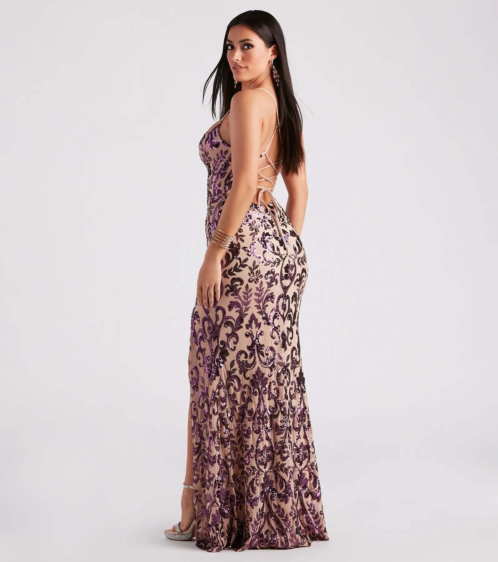 Own your moment in the Lori Formal Sequin Lace-Up Long Dressin plum, a standout 2026 Prom Dress that captures all the glam and energy of the night.