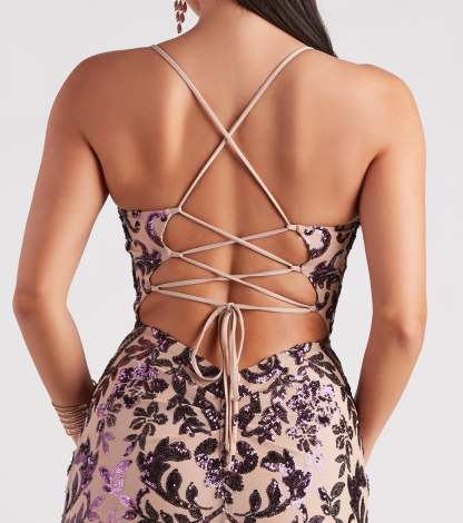 Step into Prom 2026 in a plum prom dress, where unique Windsor accents and the standout Lori Formal Sequin Lace-Up Long Dress style come together.