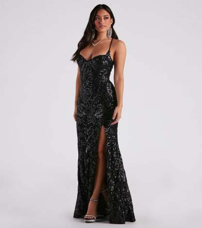 Level up your party look in the Lori Formal Sequin Lace-Up Long Dress, part of Windsor's black sequin dresses lineup designed for bold energy and sleek vibes.