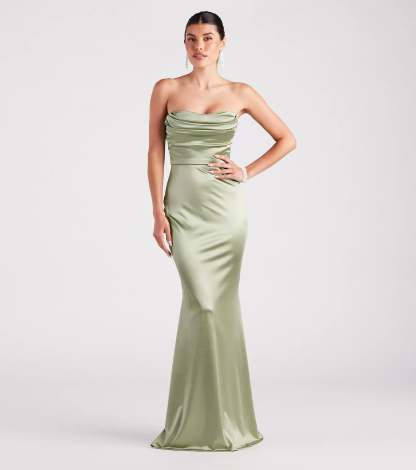 Feel polished and confident in the Priscilla Formal Satin Strapless Mermaid Dress, a sage green prom dress designed with luxe fabric and modern detail that shows off your vibe.