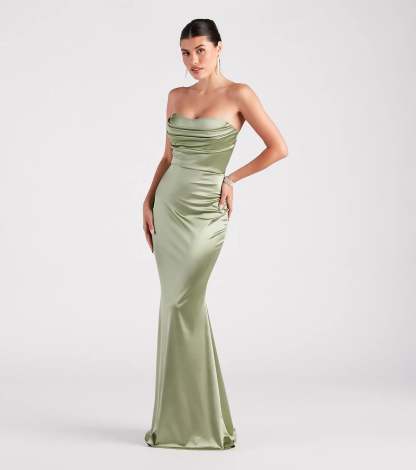 Make a bold statement in the Priscilla Formal Satin Strapless Mermaid Dress in sage green, the perfect green dress for weddings, cocktail hours, nights out, and/or seasonal celebrations.