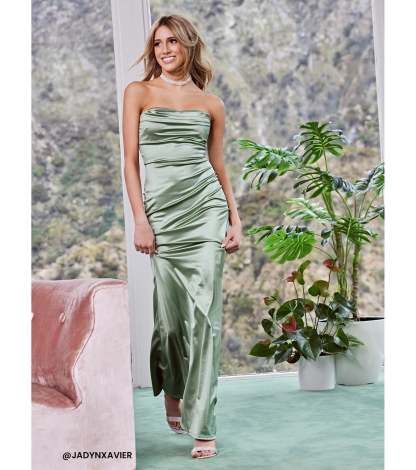Celebrate in style with the Priscilla Formal Satin Strapless Mermaid Dress, a sage green formal wedding guest dress featuring an elegant silhouette and luxe details, perfect for a black-tie celebration.