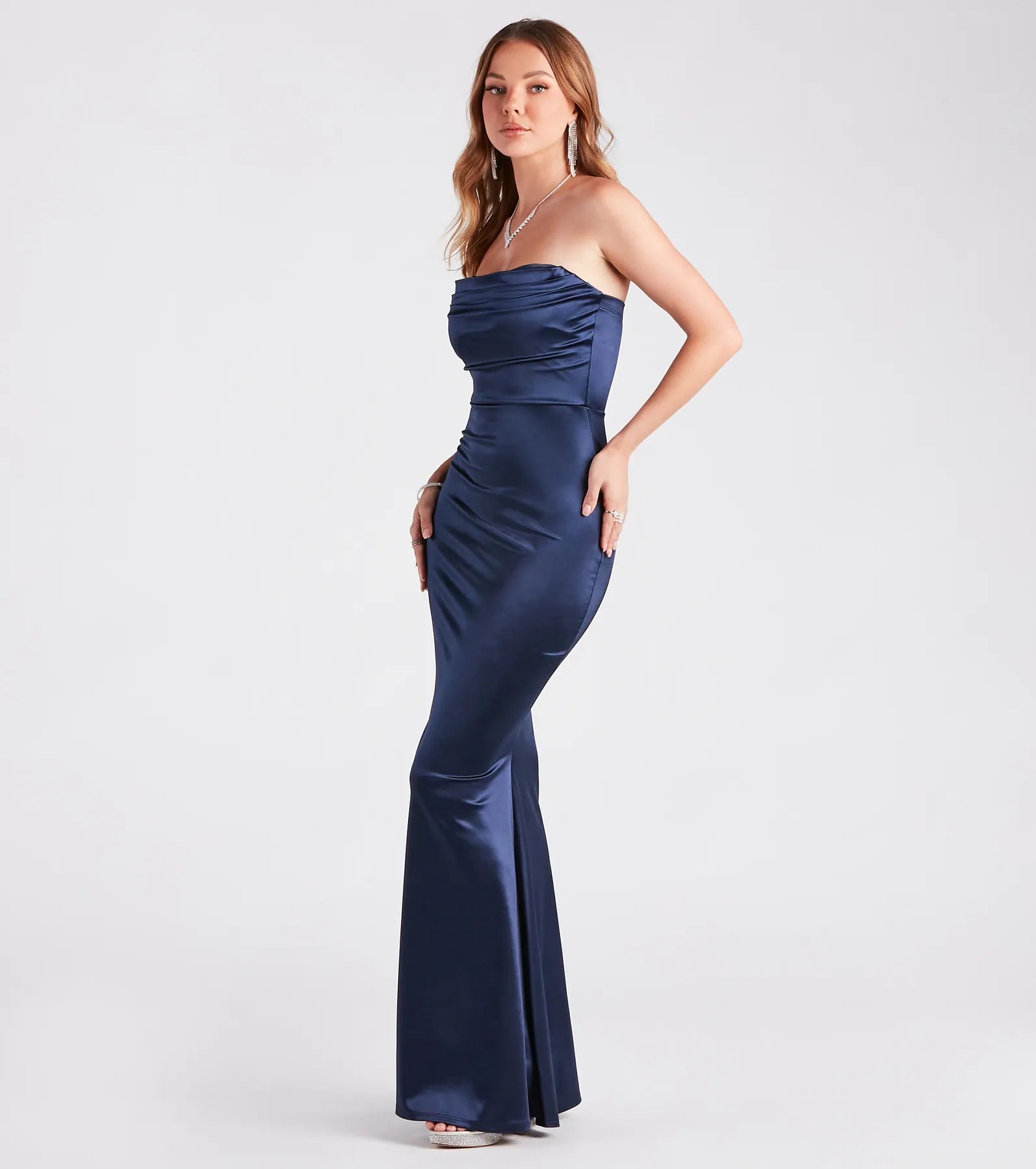 Make a bold statement in the Priscilla Formal Satin Strapless Mermaid Dress in navy blue, the perfect dress for Prom 2026, formal wedding guest attire, or military ball.