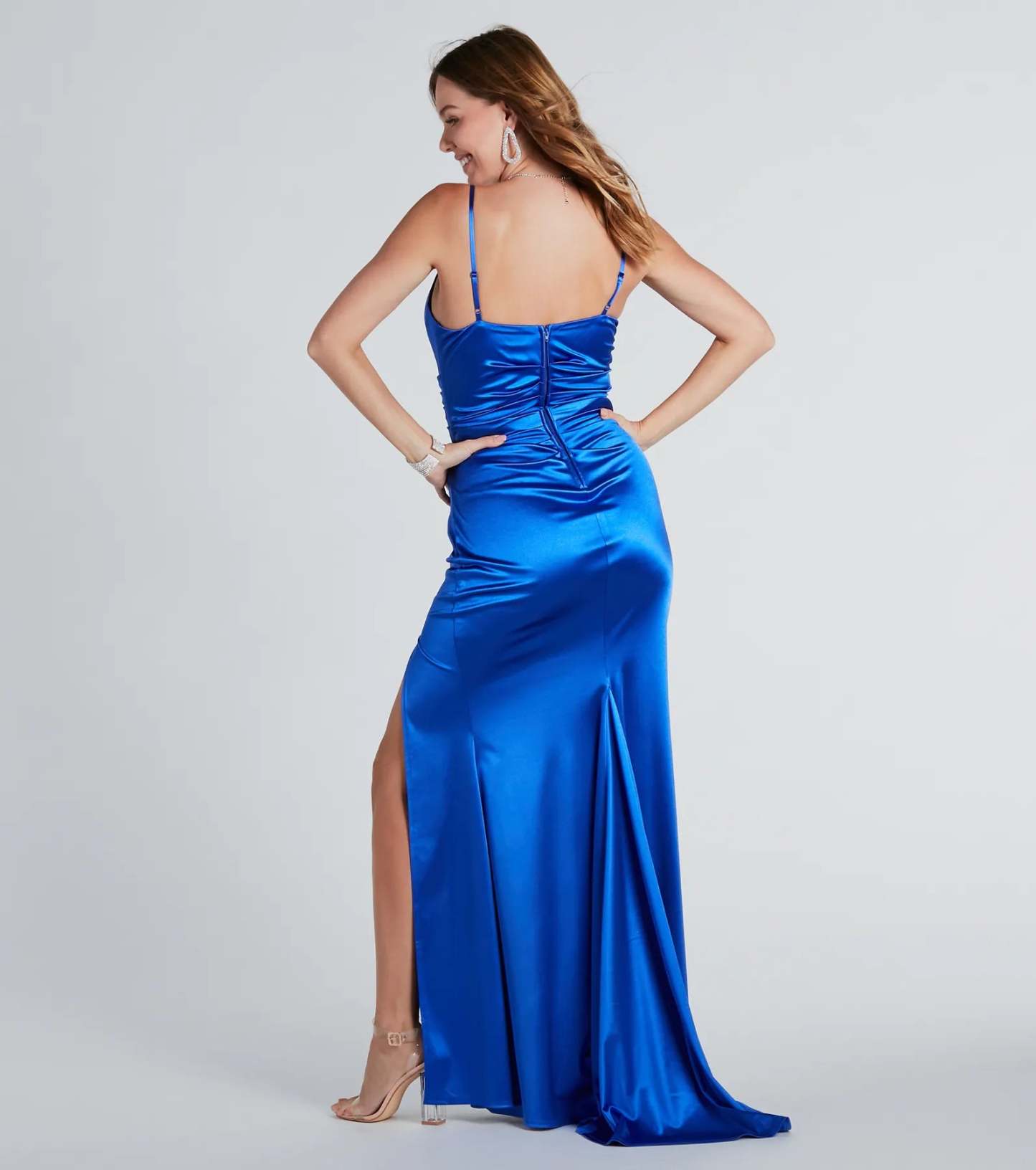 The elegant Jordyn Formal Satin Mermaid Dress With Train is a royal blue satin bridesmaid dress crafted with luxe fabric, ideal for modern weddings and traditional bridal parties.