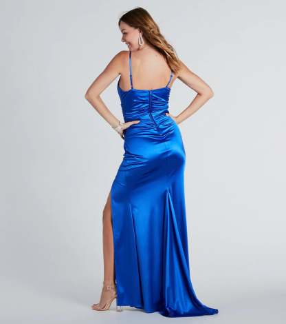 The elegant Jordyn Formal Satin Mermaid Dress With Train is a royal blue satin bridesmaid dress crafted with luxe fabric, ideal for modern weddings and traditional bridal parties.