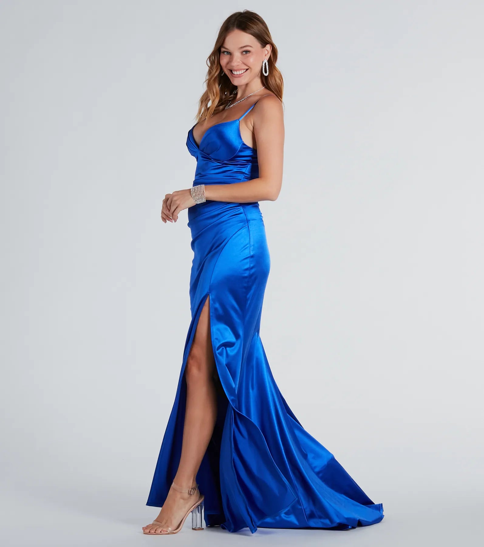 Make a bold statement in the Jordyn Formal Satin Mermaid Dress With Train in royal blue, the perfect dress for Prom 2026, formal wedding guest attire, or military ball.