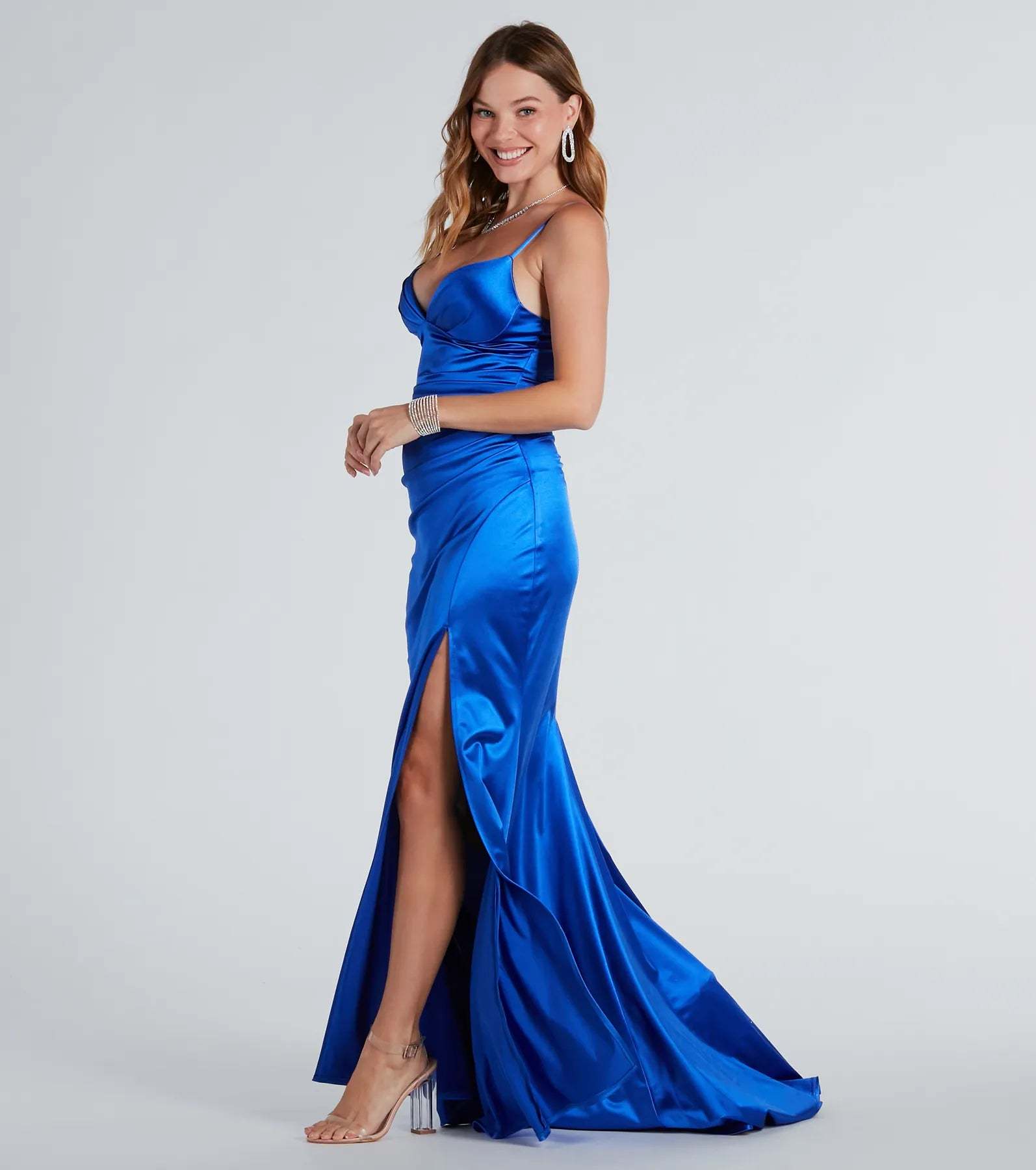 Make a bold statement in the Jordyn Formal Satin Mermaid Dress With Train in royal blue, the perfect dress for Prom 2026, formal wedding guest attire, or military ball.
