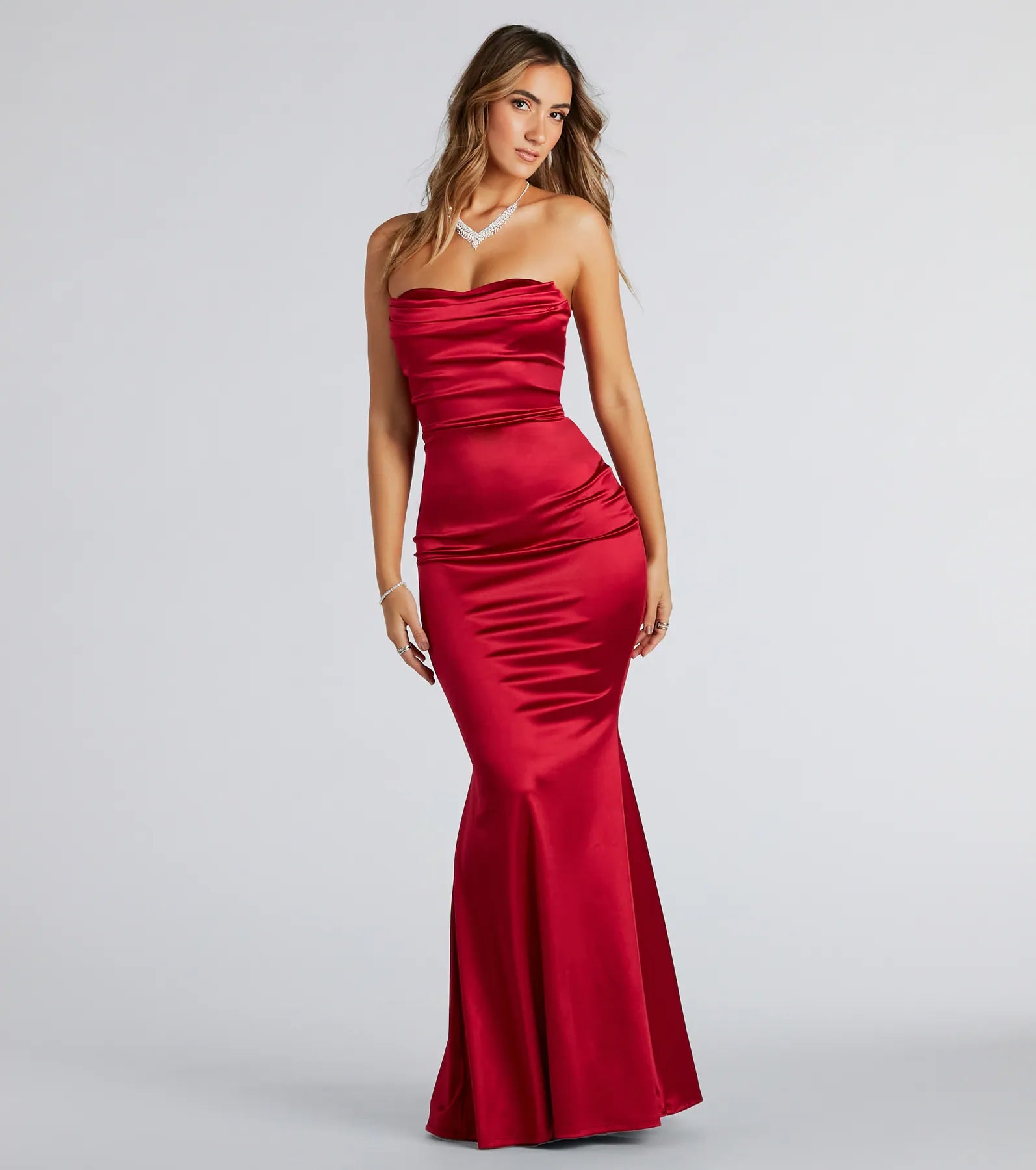 Steal the spotlight in the Priscilla Formal Satin Strapless Mermaid Dress in red, a fiery pick from the red homecoming dresses collection designed for bold entrances.