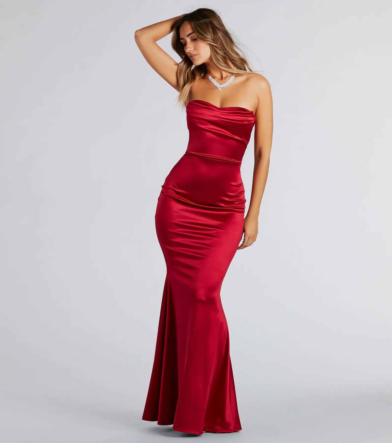 Own the spotlight in the Priscilla Formal Satin Strapless Mermaid Dress, a red formal dress crafted to deliver luxe style for Prom 2026, military balls, or any special event.
