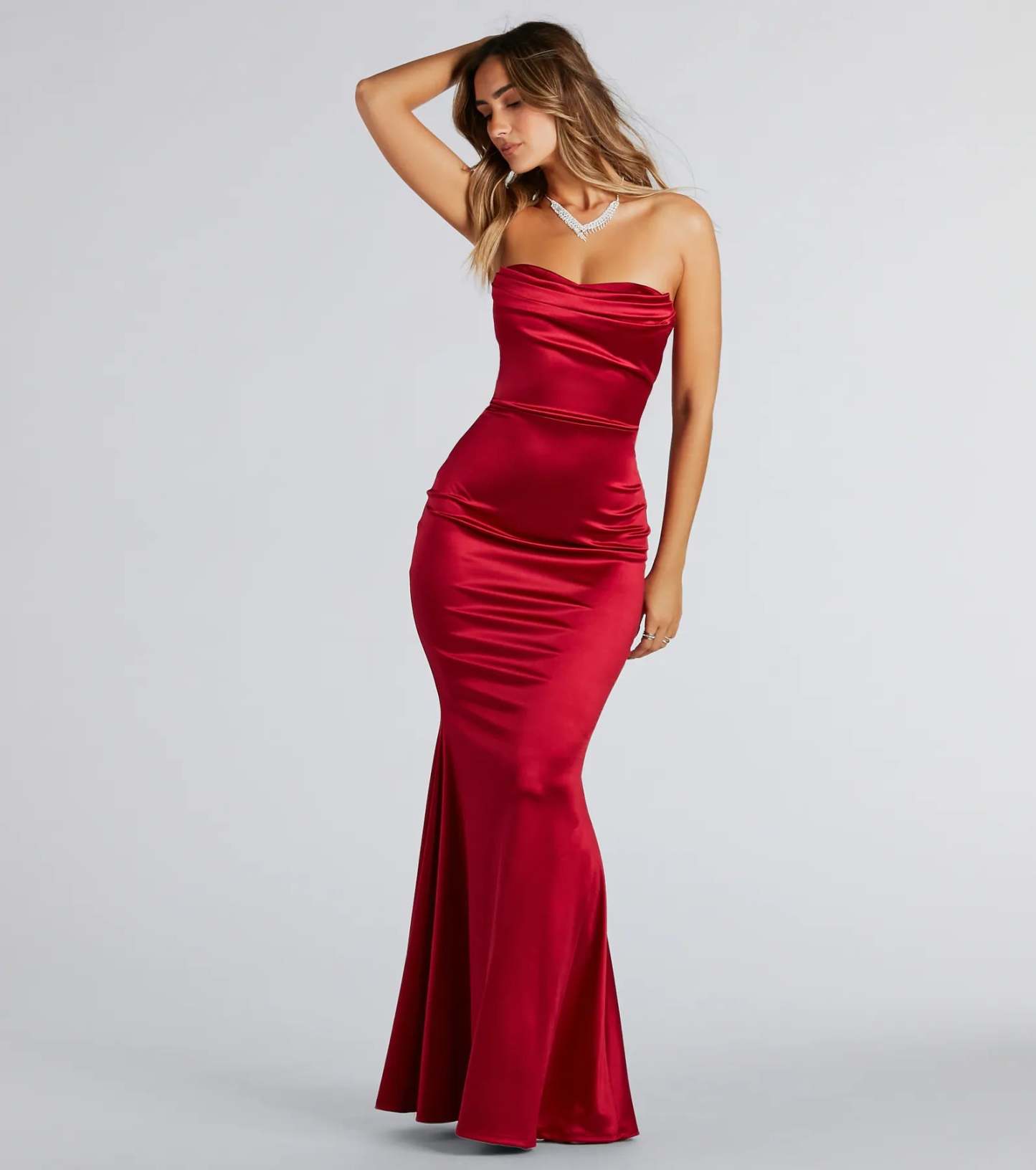 Own the spotlight in the Priscilla Formal Satin Strapless Mermaid Dress, a red formal dress crafted to deliver luxe style for Prom 2026, military balls, or any special event.
