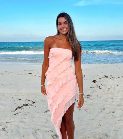 Feel ready for every dance floor moment or feed-worthy reel in the Gabby Formal Mesh Strapless Ruffle Long Dress, a pink homecoming dress designed to own your moment.