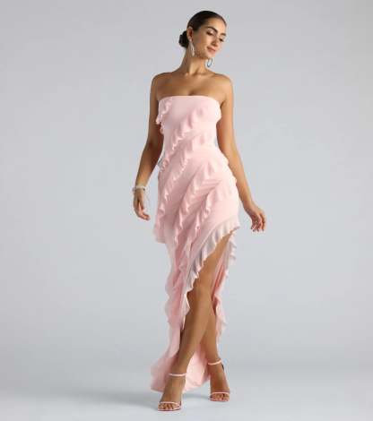 Style your Prom 2026 with the Gabby Formal Mesh Strapless Ruffle Long Dress, a trendy pink formal dress designed with new and unqiue details for your milestone moment.