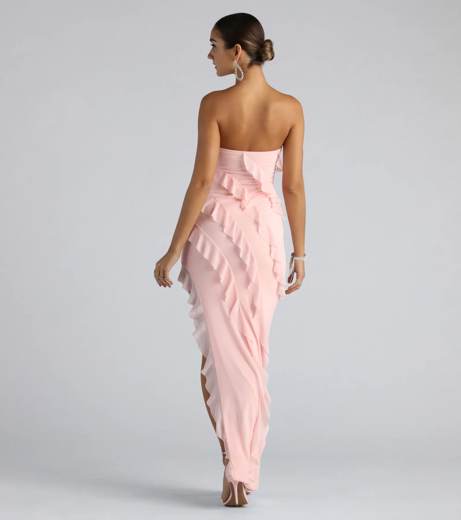 Own the spotlight in the Gabby Formal Mesh Strapless Ruffle Long Dress, a pink formal dress crafted to deliver luxe style for formal weddings, military balls, or Prom 2026.