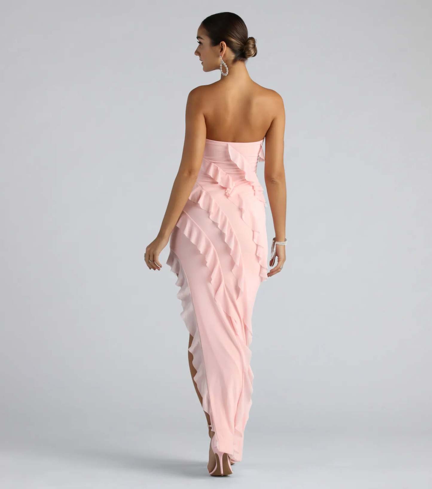 Own the spotlight in the Gabby Formal Mesh Strapless Ruffle Long Dress, a pink formal dress crafted to deliver luxe style for formal weddings, military balls, or Prom 2026.
