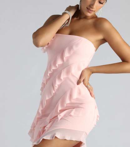 Make a bold statement in the Gabby Formal Mesh Strapless Ruffle Long Dress in pink, the perfect formal dress for weddings, Prom 2026, and/or special celebrations.