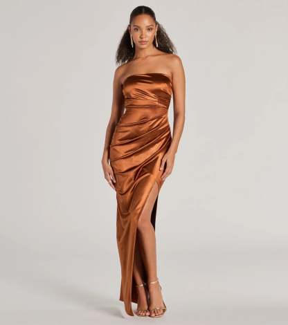 Feel polished and confident in the Lauren Strapless Wrap Slim Satin Formal Dress, a mocha brown prom dress designed with luxe fabric and modern detail that shows off your vibe.