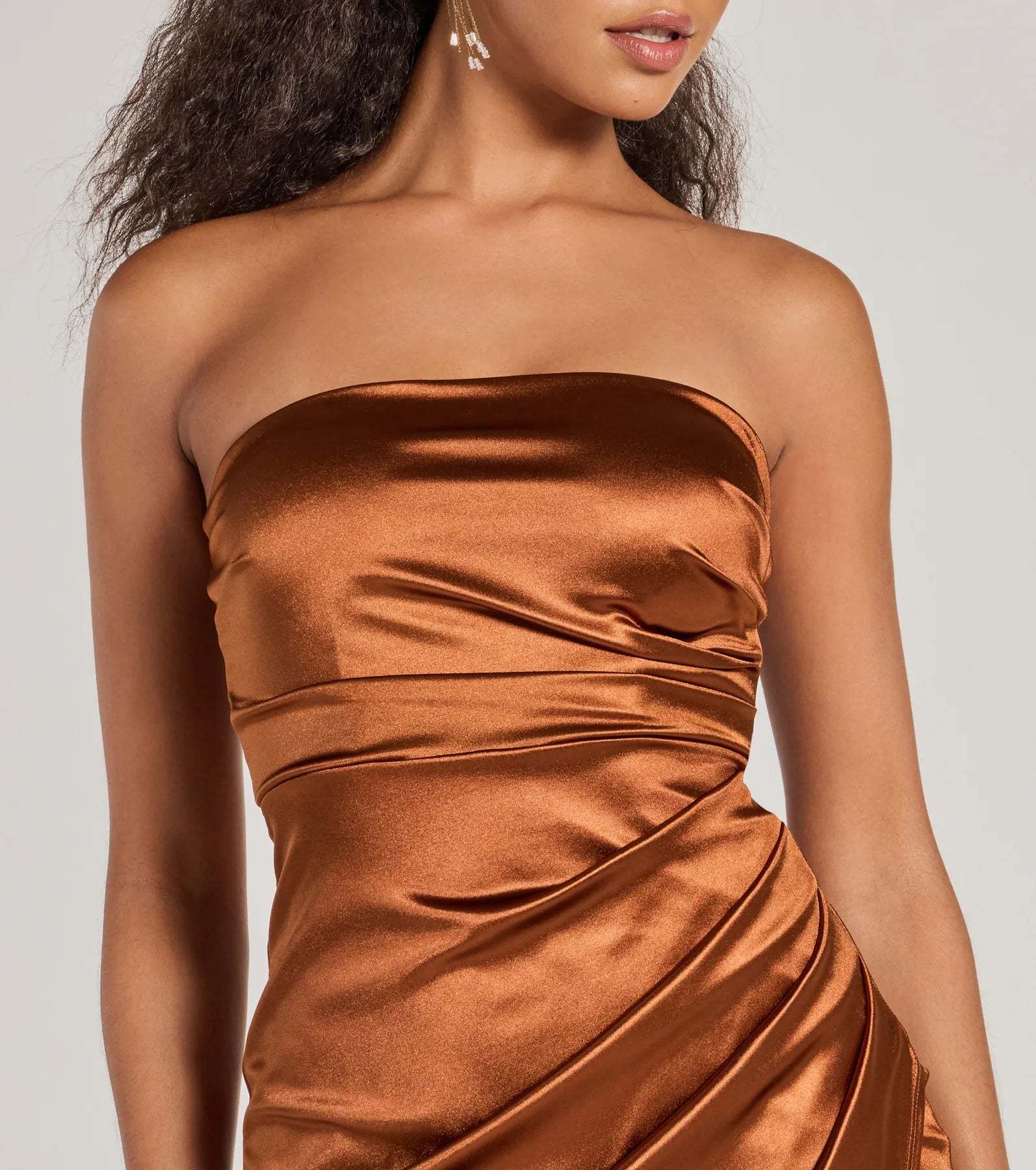Make a bold statement in the Lauren Strapless Wrap Slim Satin Formal Dress in mocha brown, the perfect dress for Prom 2026, formal wedding guest attire, or military ball.