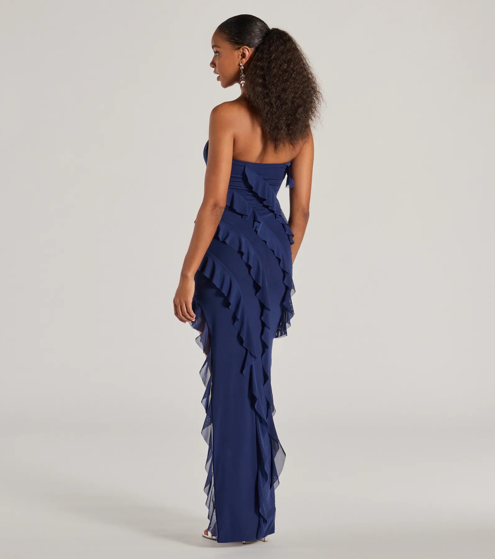 Gabby Formal Mesh Strapless Ruffle Long Dress in navy blue, a stunning maid-of-honor dress with a flattering fit and romantic details, perfect for autumn wedding themes.