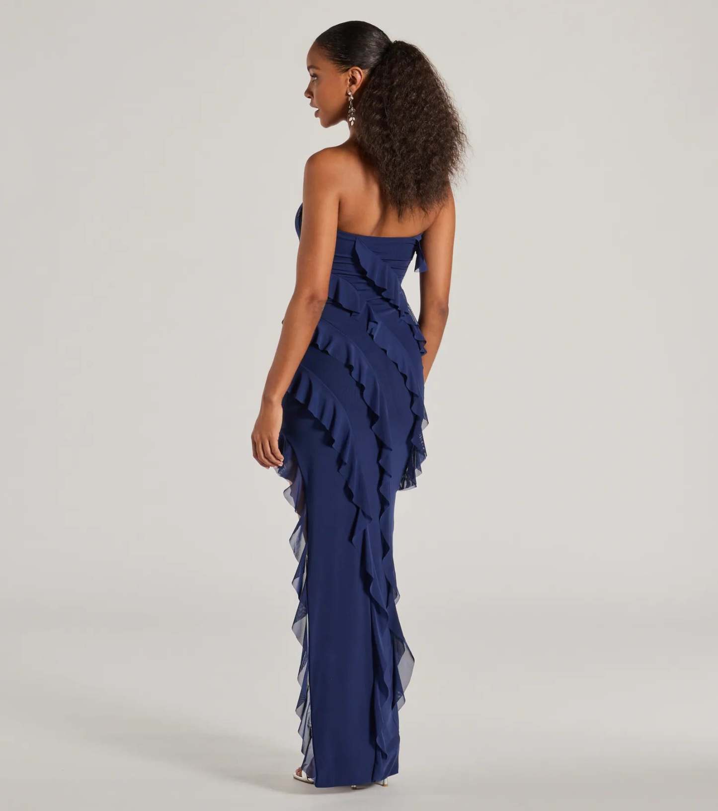 Gabby Formal Mesh Strapless Ruffle Long Dress in navy blue, a stunning maid-of-honor dress with a flattering fit and romantic details, perfect for autumn wedding themes.