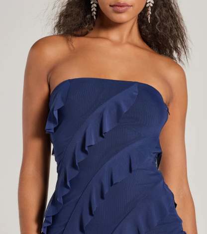 Make a bold statement in the Gabby Formal Mesh Strapless Ruffle Long Dress in navy blue, the perfect dress for Prom 2026, formal wedding guest attire, or military ball.