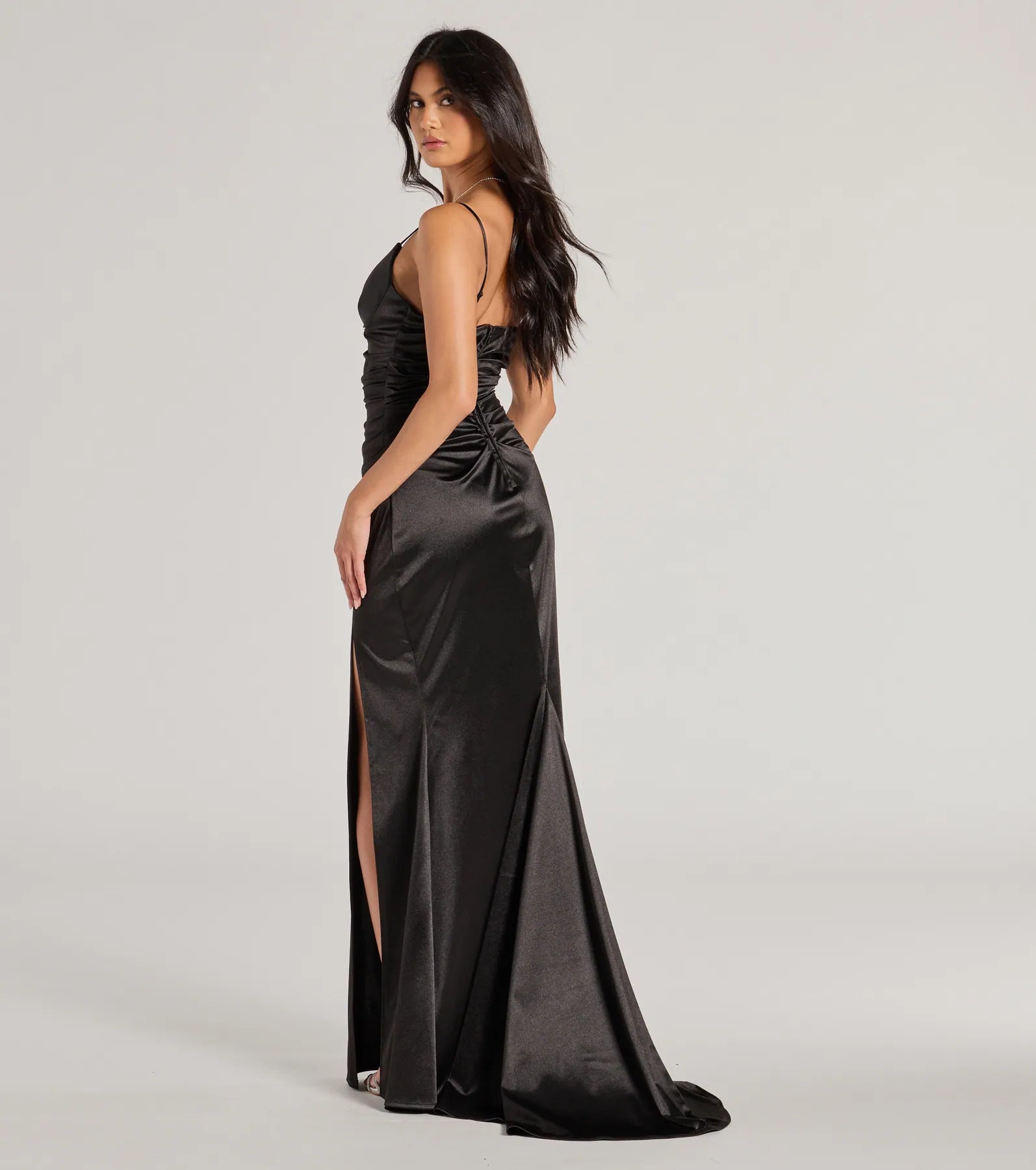 The elegant Jordyn Formal Satin Mermaid Dress With Train is a black satin bridesmaid dress crafted with luxe fabric, ideal for modern weddings and traditional bridal parties.