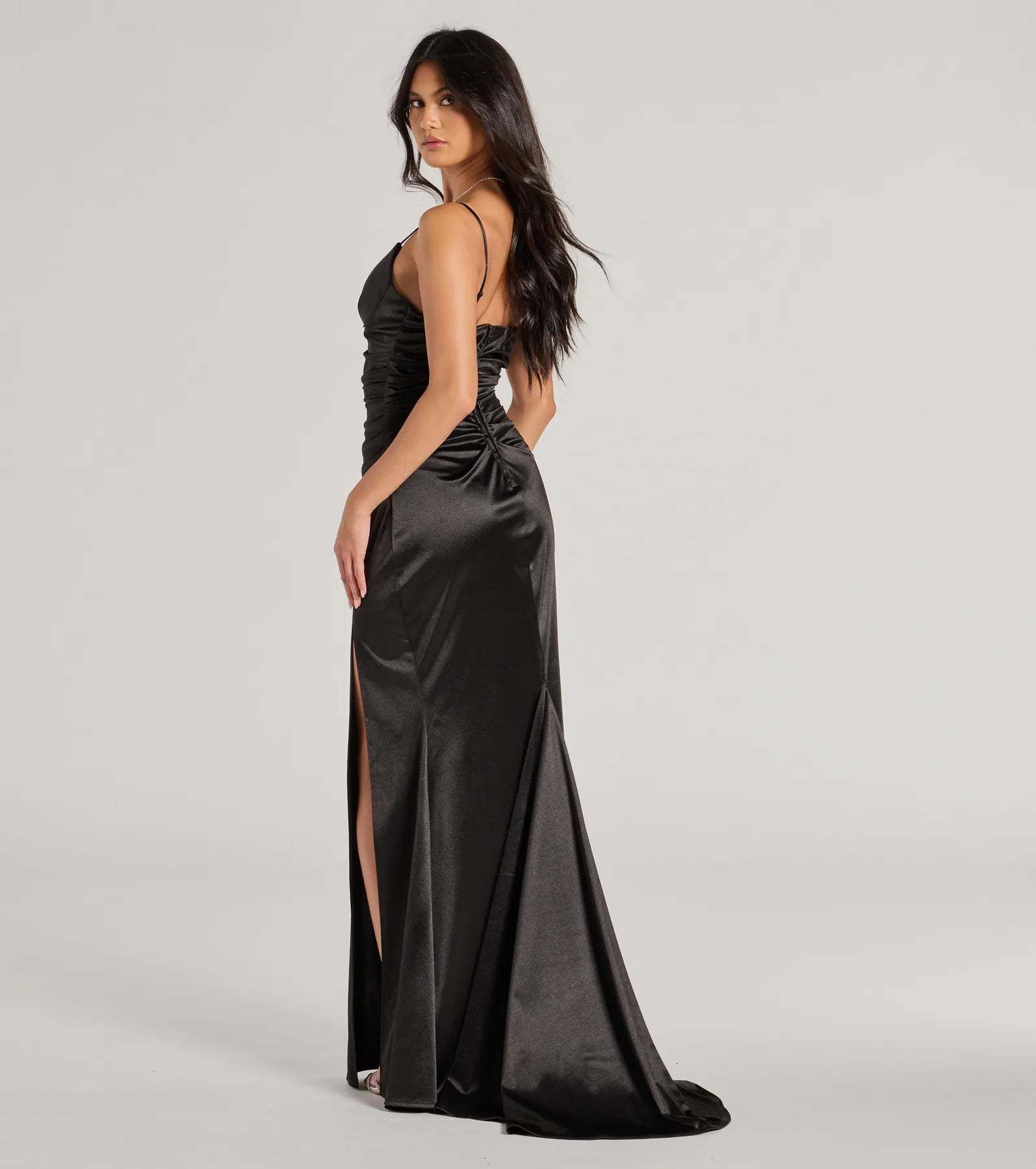 The elegant Jordyn Formal Satin Mermaid Dress With Train is a black satin bridesmaid dress crafted with luxe fabric, ideal for modern weddings and traditional bridal parties.