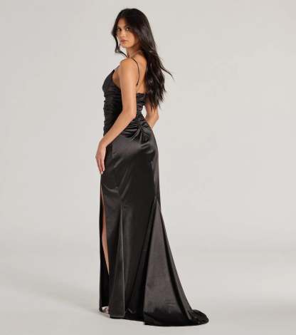 The elegant Jordyn Formal Satin Mermaid Dress With Train is a black satin bridesmaid dress crafted with luxe fabric, ideal for modern weddings and traditional bridal parties.