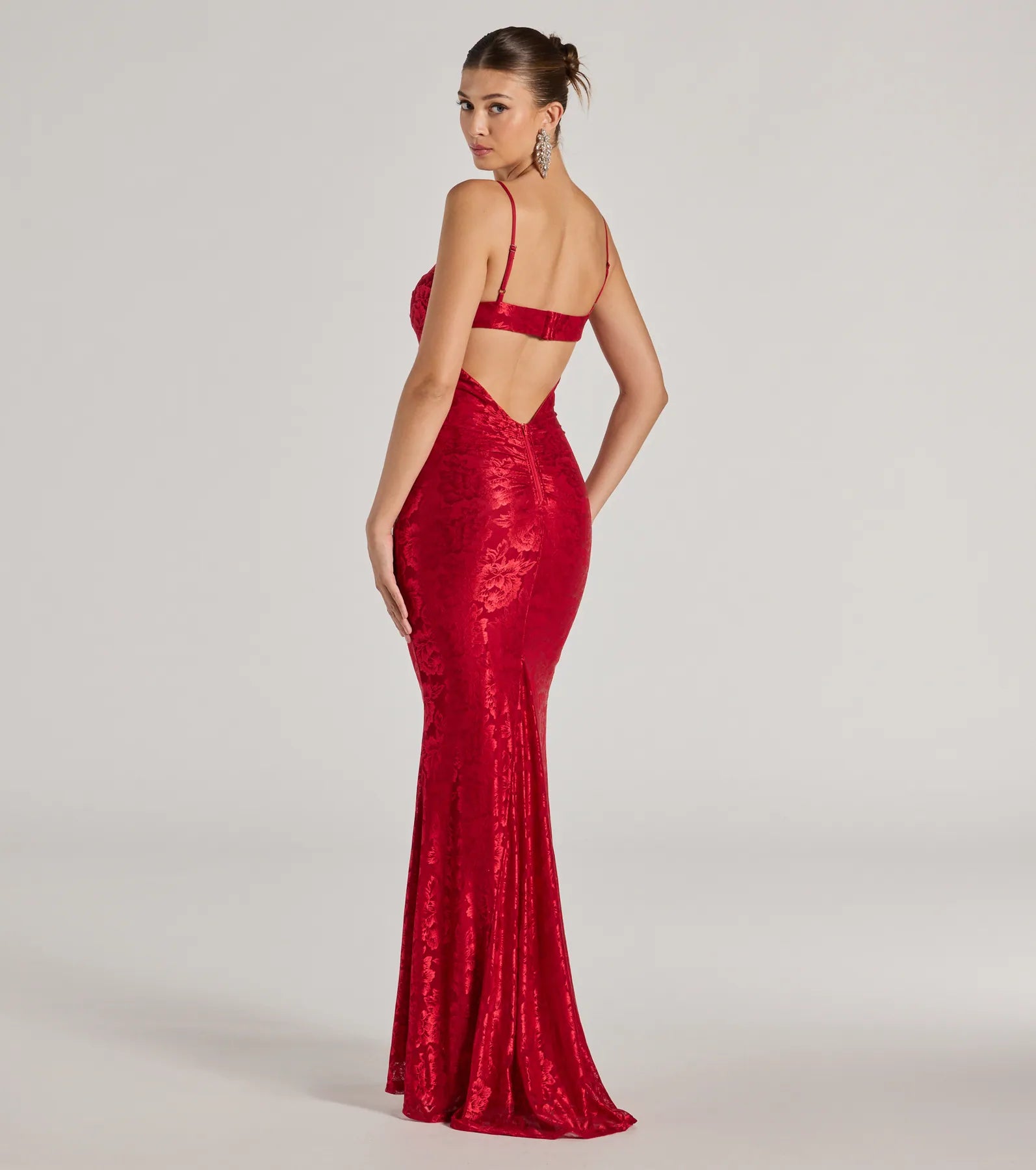 Haisley Open Back Floral Lace Mermaid Dress in red, a stylish red dress with a flattering fit and fabric that adds allure to your look, perfect for wedding guest attire, cocktail events, or making a bold statement on a date night.