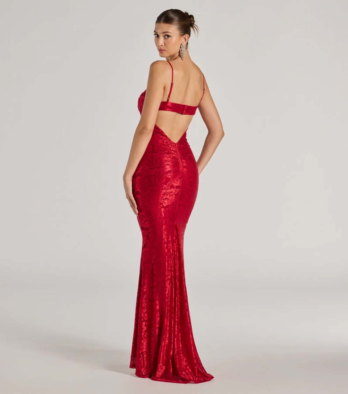 Haisley Open Back Floral Lace Mermaid Dress in red, a stylish red dress with a flattering fit and fabric that adds allure to your look, perfect for wedding guest attire, cocktail events, or making a bold statement on a date night.