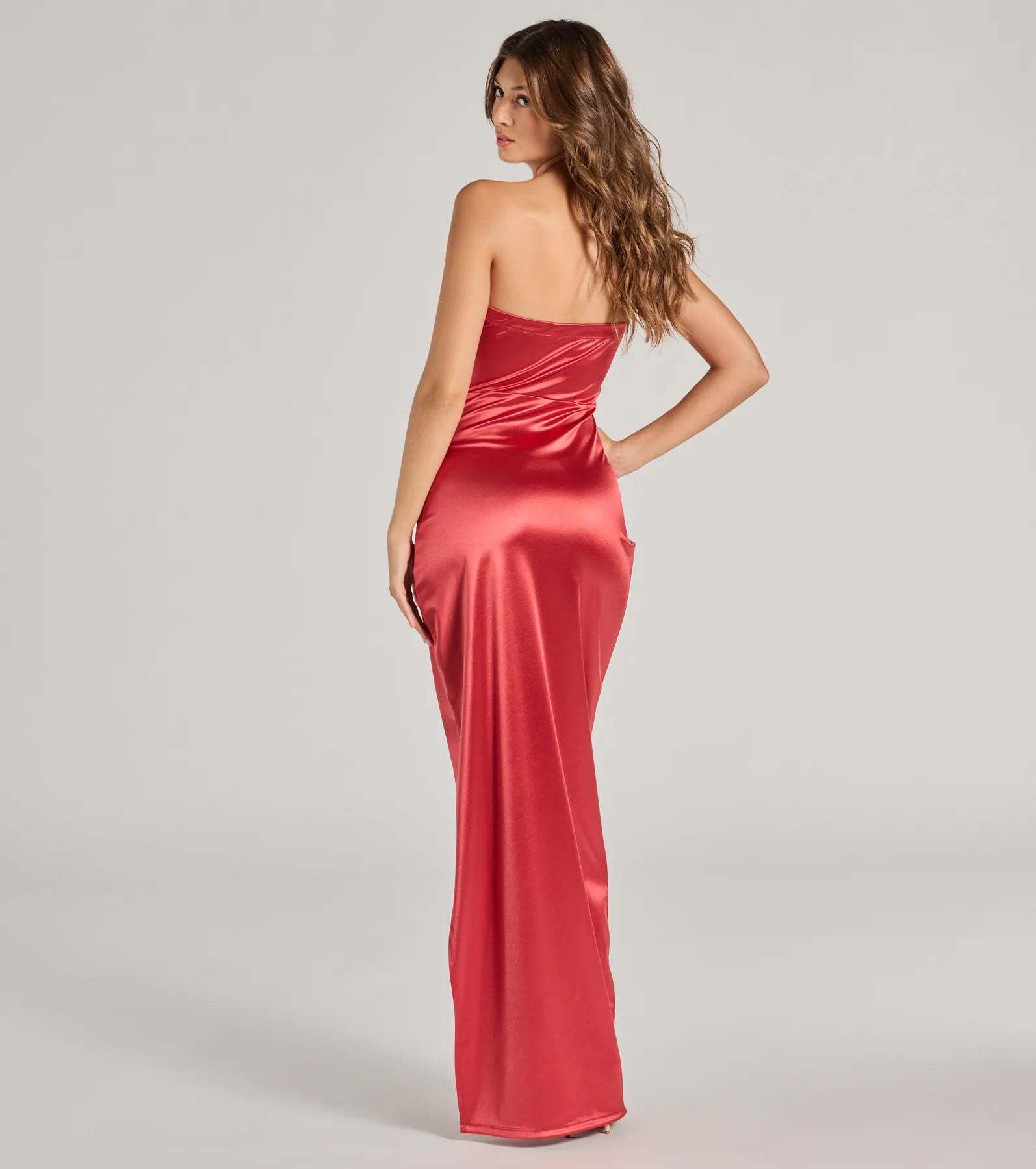 The elegant Lauren Strapless Wrap Slim Satin Formal Dress is a rust satin bridesmaid dress crafted with luxe fabric, ideal for modern weddings and traditional bridal parties.
