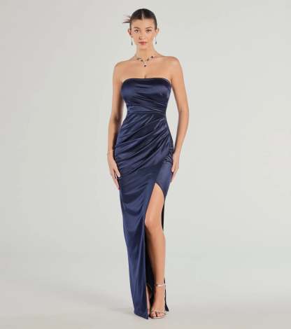 Feel polished and confident in the Lauren Strapless Wrap Slim Satin Formal Dress, a navy blue prom dress designed with luxe fabric and modern detail that shows off your vibe.