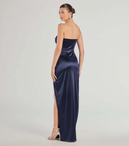 The elegant Lauren Strapless Wrap Slim Satin Formal Dress is a navy blue satin bridesmaid dress crafted with luxe fabric, ideal for modern weddings and traditional bridal parties.