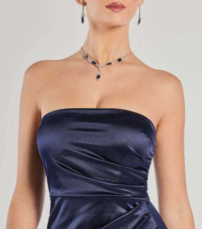 Make a bold statement in the Lauren Strapless Wrap Slim Satin Formal Dress in navy blue, the perfect dress for Prom 2026, formal wedding guest attire, or military ball.