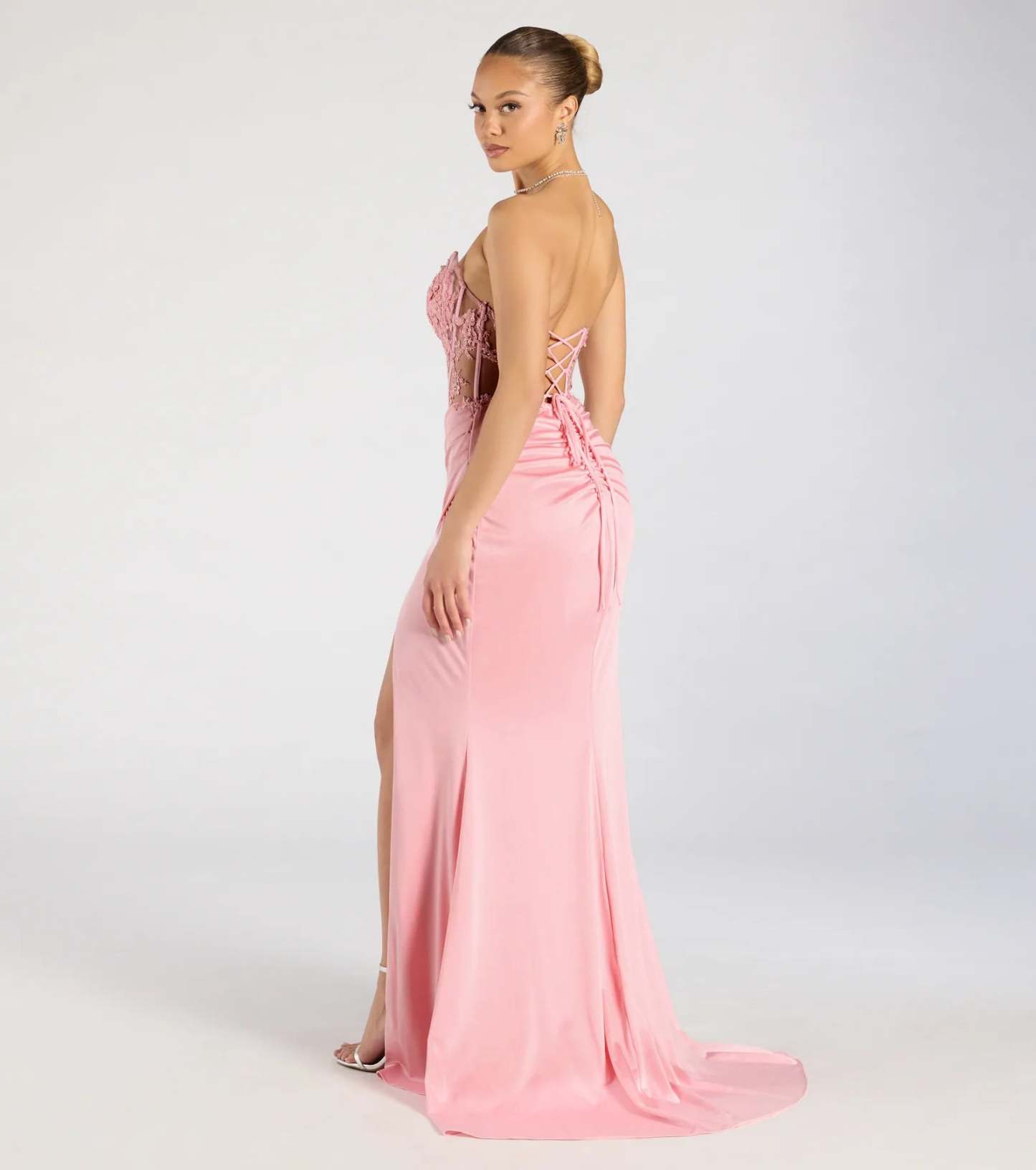 Feel ready for every dance floor moment or feed-worthy reel in the Shayla Strapless Corset Lace Formal Dress, a pink homecoming dress designed to own your moment.