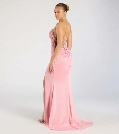 Feel ready for every dance floor moment or feed-worthy reel in the Shayla Strapless Corset Lace Formal Dress, a pink homecoming dress designed to own your moment.