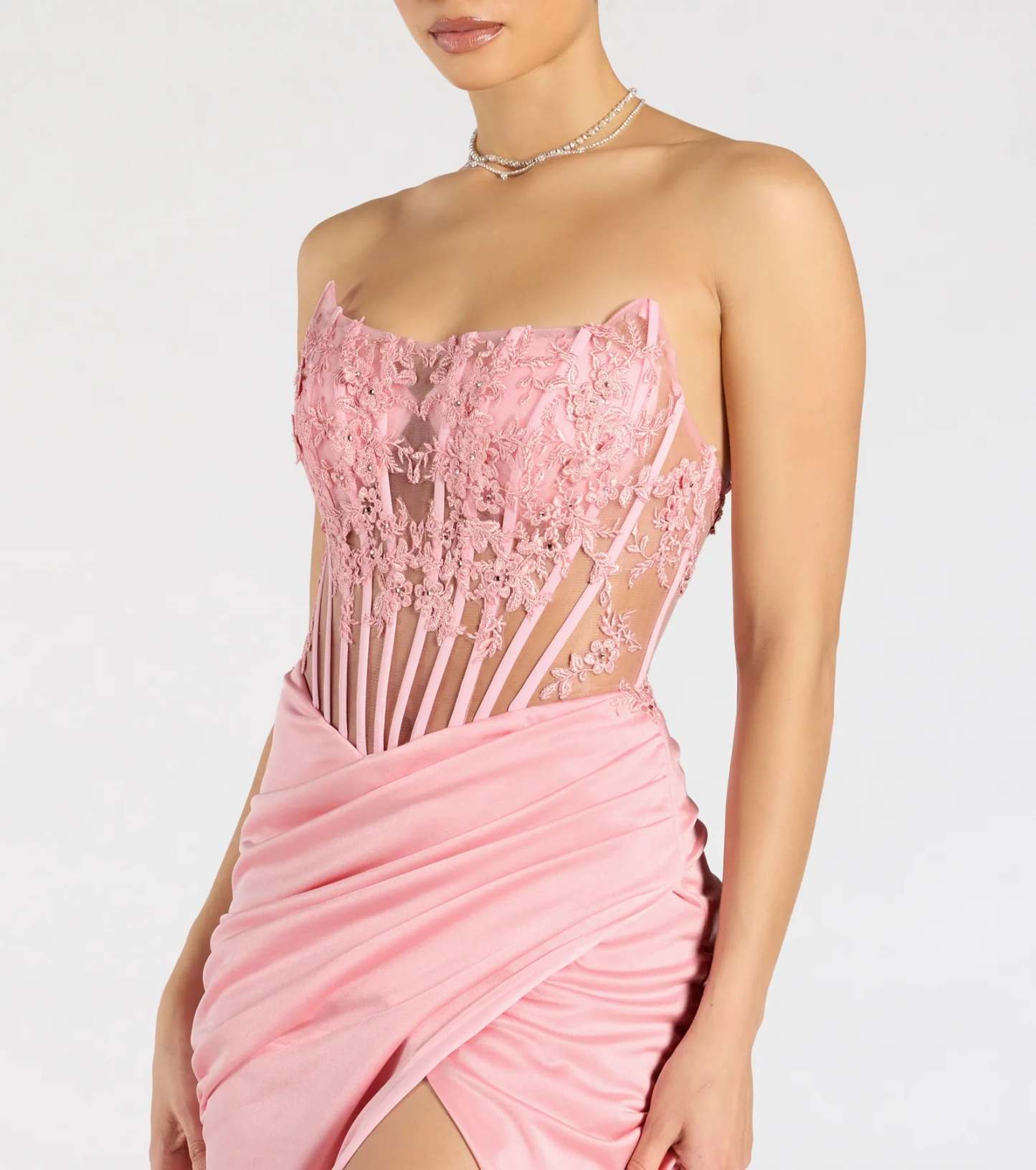 Make a bold statement in the Shayla Strapless Corset Lace Formal Dress in pink, the perfect dress for Prom 2026, formal wedding guest attire, or military ball.