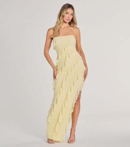 Feel polished and confident in the Gabby Formal Mesh Strapless Ruffle Long Dress, a yellow prom dress designed with luxe fabric and modern detail that shows off your vibe.