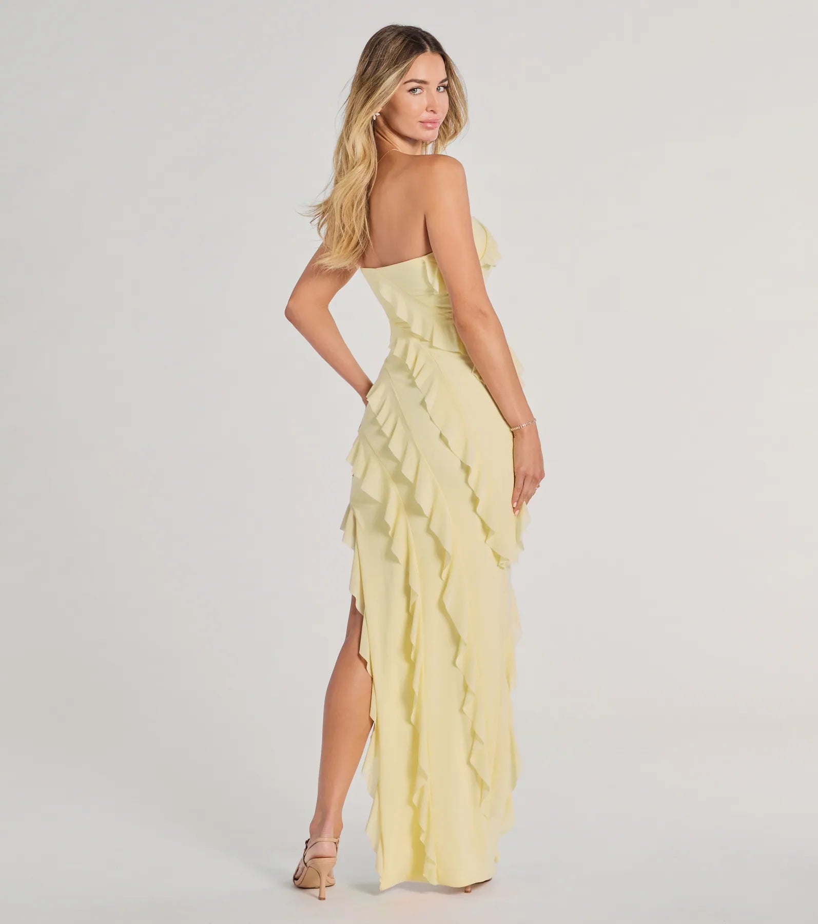 The Gabby Formal Mesh Strapless Ruffle Long Dress in luxe yellow fabric, a stunning HOCO dress with statement details designed to make a bold impression at Homecoming 2026.