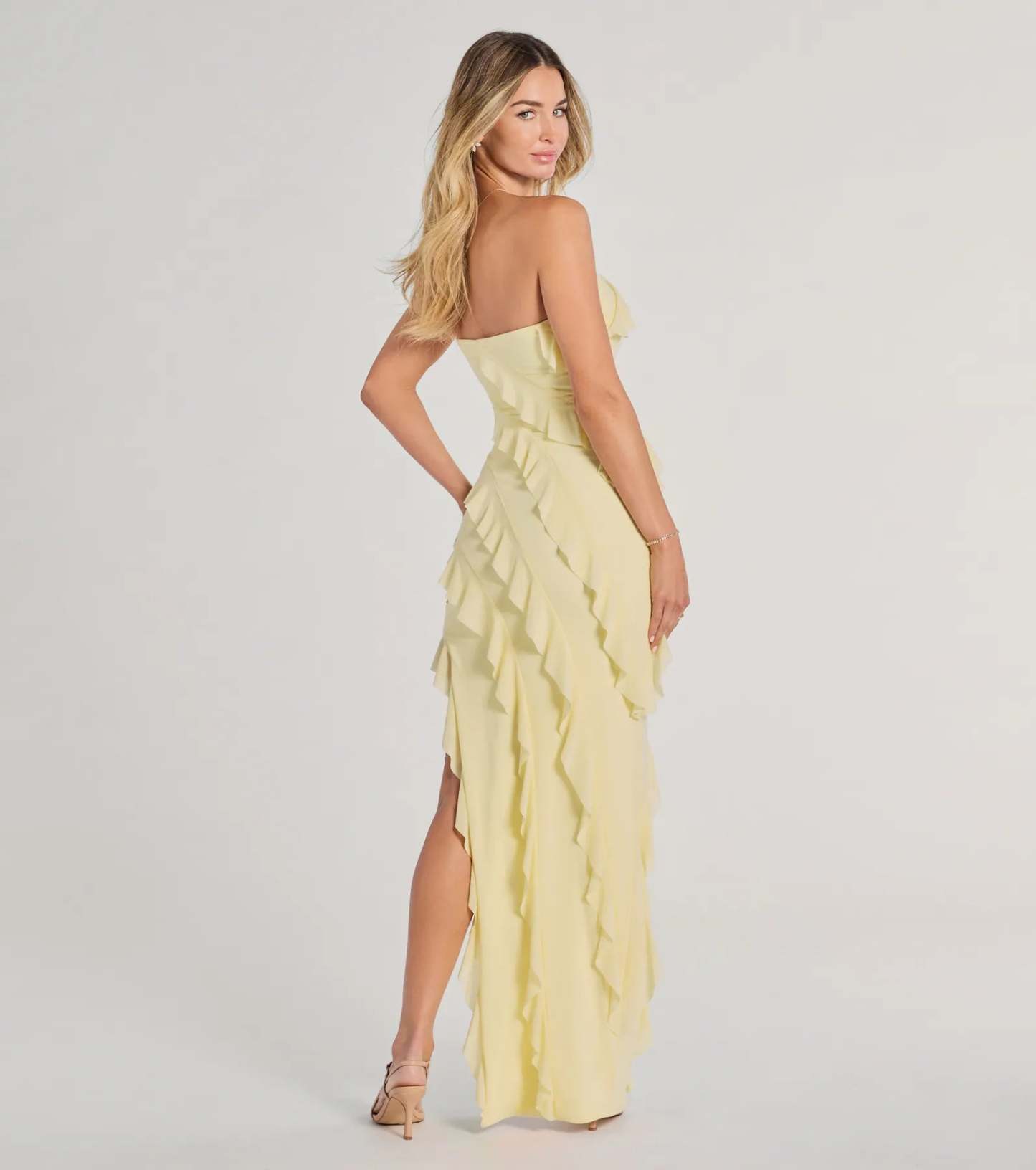 The Gabby Formal Mesh Strapless Ruffle Long Dress in luxe yellow fabric, a stunning HOCO dress with statement details designed to make a bold impression at Homecoming 2026.