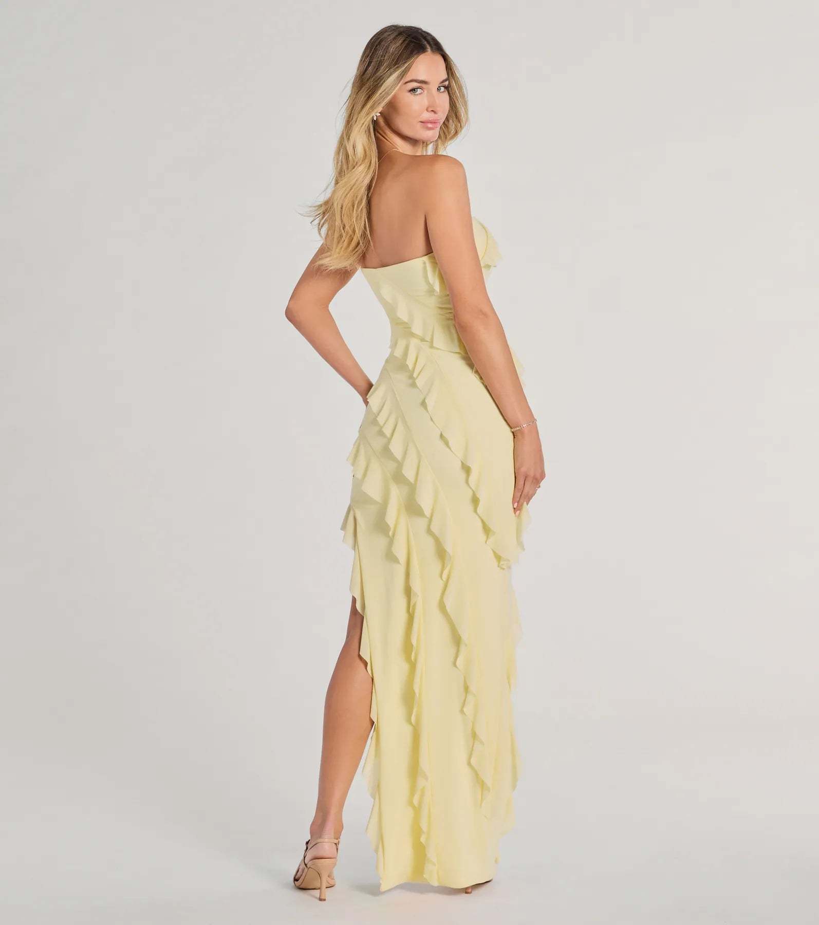 The Gabby Formal Mesh Strapless Ruffle Long Dress in luxe yellow fabric, a stunning HOCO dress with statement details designed to make a bold impression at Homecoming 2026.