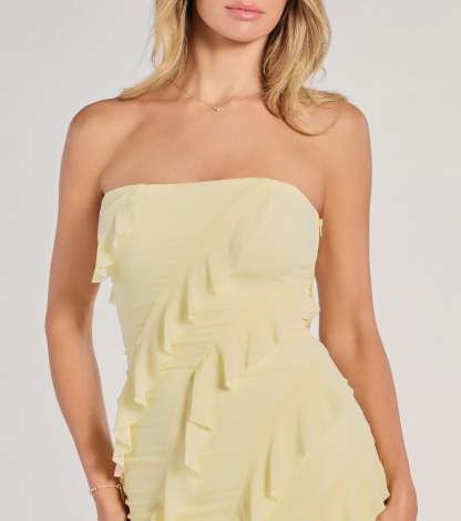 Own the spotlight in the Gabby Formal Mesh Strapless Ruffle Long Dress, a yellow formal dress crafted to deliver luxe style for Prom 2026, military balls, or any special event.