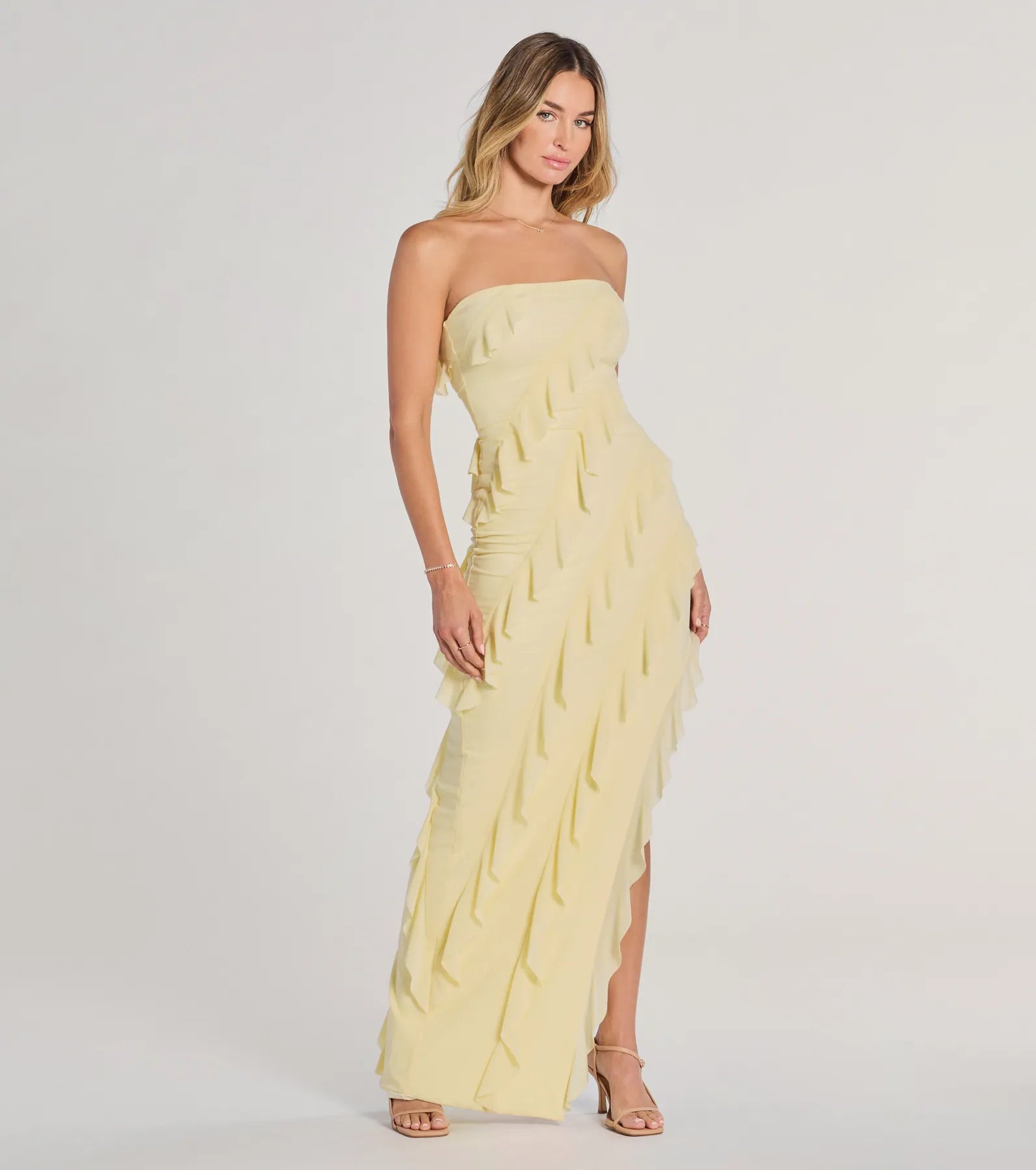 The Gabby Formal Mesh Strapless Ruffle Long Dress in luxe yellow fabric, a stunning prom dress with statement details designed to make a bold impression at Prom 2026.
